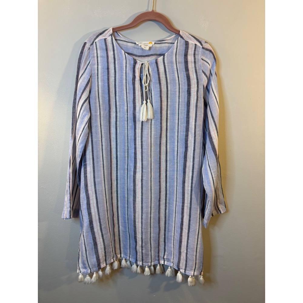 C&C California Blue & Pink Striped Linen Tunic Swim Cover M